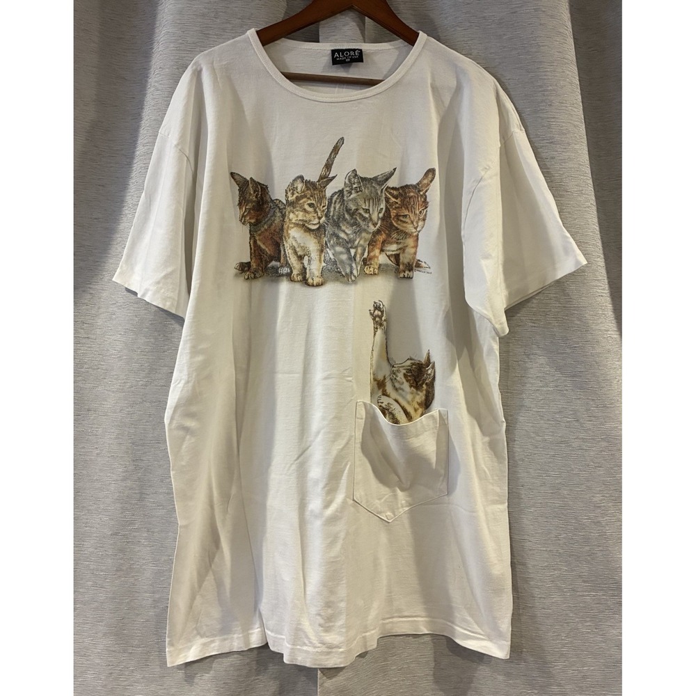 Vintage Cat 90s T Shirt Tunic Night Cats Front Pocket Cotton USA OS